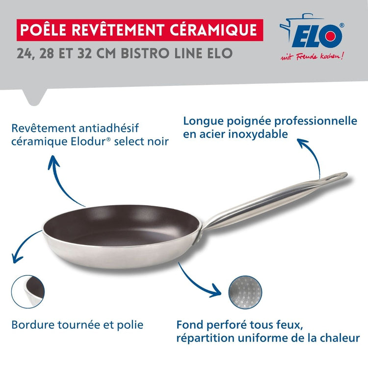 Set de 3 Poêles de cuisson avec revêtement céramique sans PFAS, 24 cm, 28 cm et 32 cm Bistro Line Elo