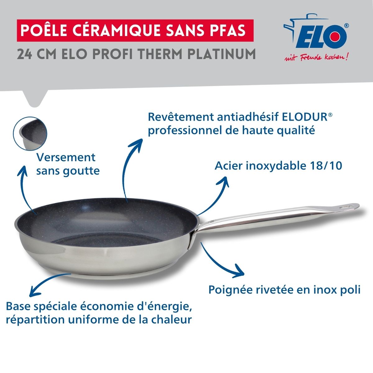 Set Poêle de cuisson avec revêtement céramique sans PFAS et couvercle de cuisson en verre 24 cm Profi Therm Platinum Elo