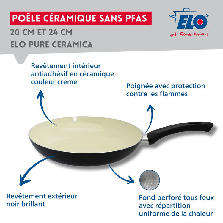 Set de 2 Poêles 20 et 24 cm céramique sans PFAS et 2 couvercles de cuisson en verre Elo Pure Ceramica