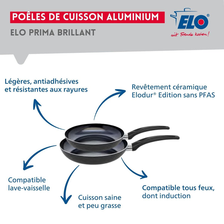 Ensemble de 2 Poêles de cuisson 20 et 24 cm et 1 faitout 12 cm Elo Prima Brillant