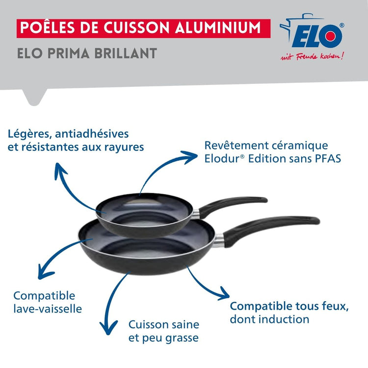 Ensemble de 2 Poêles de cuisson 20 et 28 cm et 1 faitout 12 cm Elo Prima Brillant