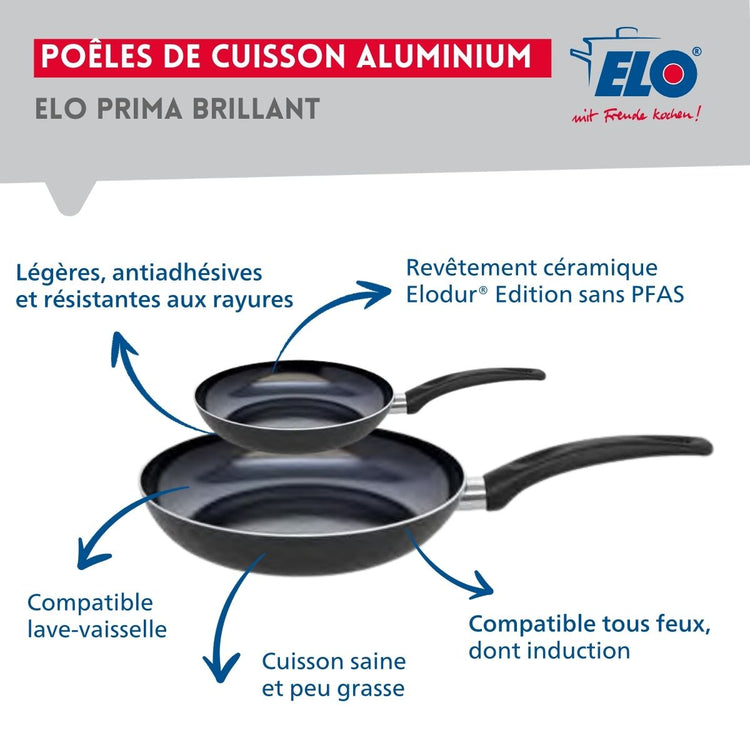 Ensemble de 2 Poêles de cuisson 20 et 32 cm et 1 faitout 14 cm Elo Prima Brillant