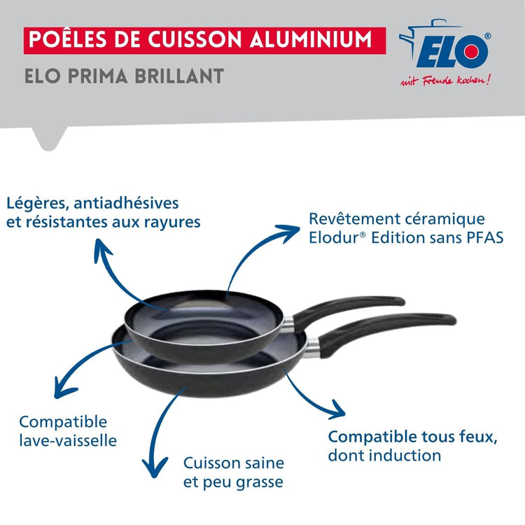 Ensemble de 2 Poêles de cuisson 24 et 28 cm et 1 faitout 12 cm Elo Prima Brillant