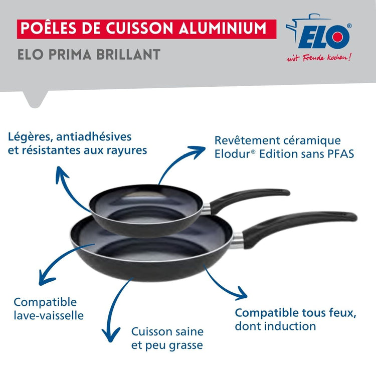 Ensemble de 2 Poêles de cuisson 24 et 32 cm et 1 faitout 12 cm Elo Prima Brillant