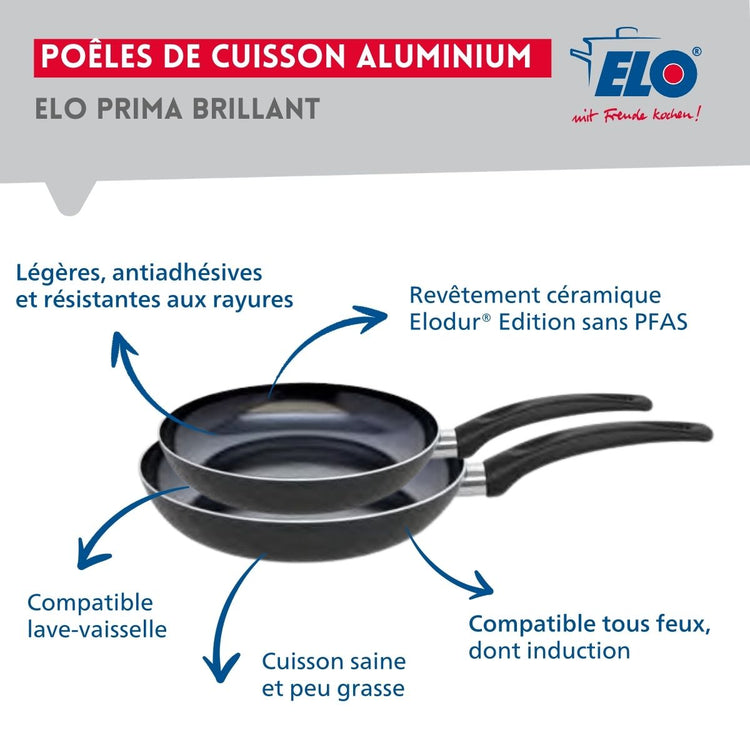 Ensemble de 2 Poêles de cuisson 28 et 32 cm et 1 faitout 12 cm Elo Prima Brillant