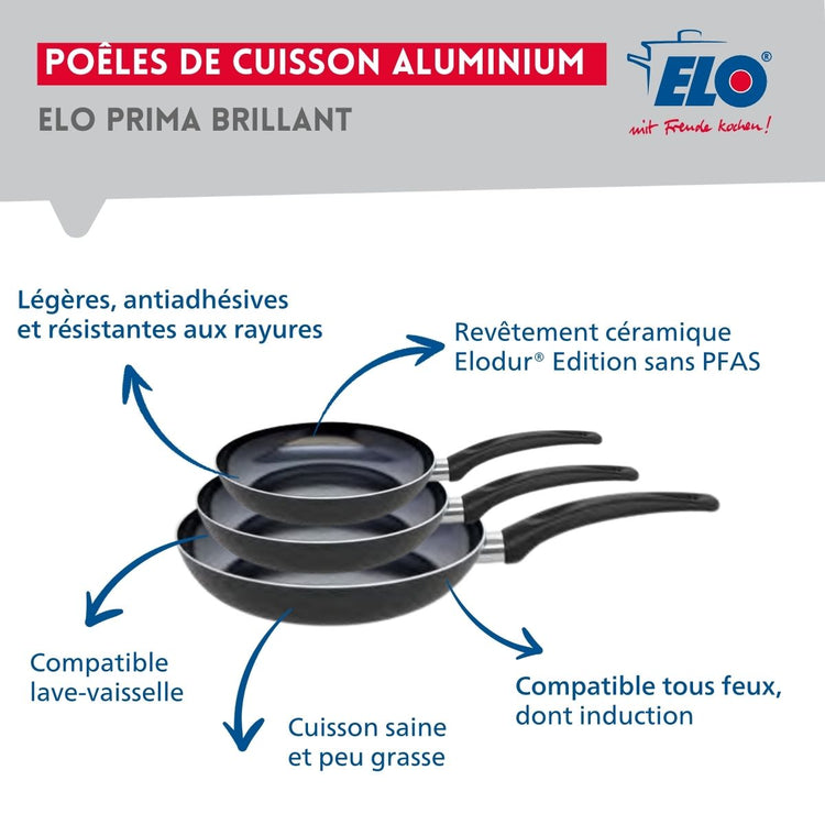 Ensemble de 3 Poêles de cuisson 20, 24 et 28 cm et 1 faitout 12 cm Elo Prima Brillant