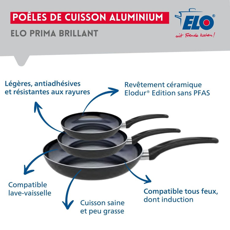 Ensemble de 3 Poêles de cuisson 20, 24 et 32 cm et 1 faitout 12 cm Elo Prima Brillant