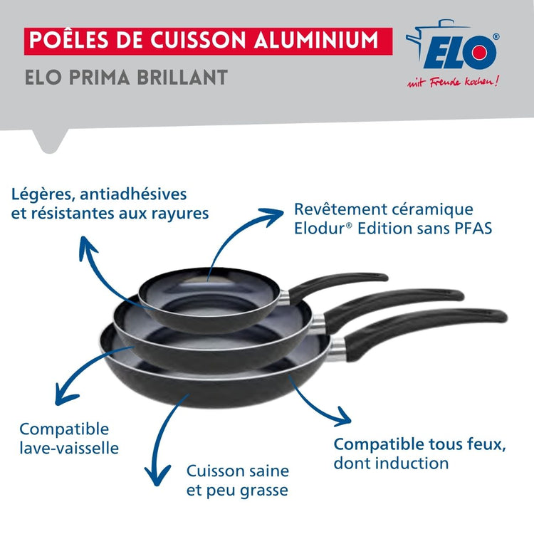 Ensemble de 3 Poêles de cuisson 20, 28 et 32 cm et 1 faitout 12 cm Elo Prima Brillant