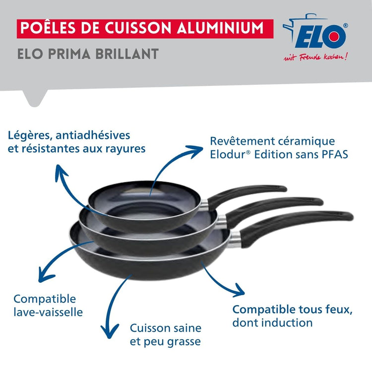 Ensemble de 3 Poêles de cuisson 24, 28 et 32 cm et 1 faitout 12 cm Elo Prima Brillant