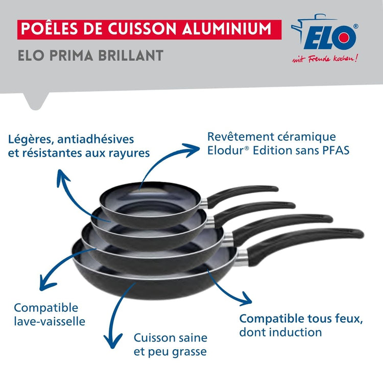 Ensemble de 4 Poêles de cuisson 20, 24, 28 et 32 cm et 1 faitout 12 cm Elo Prima Brillant