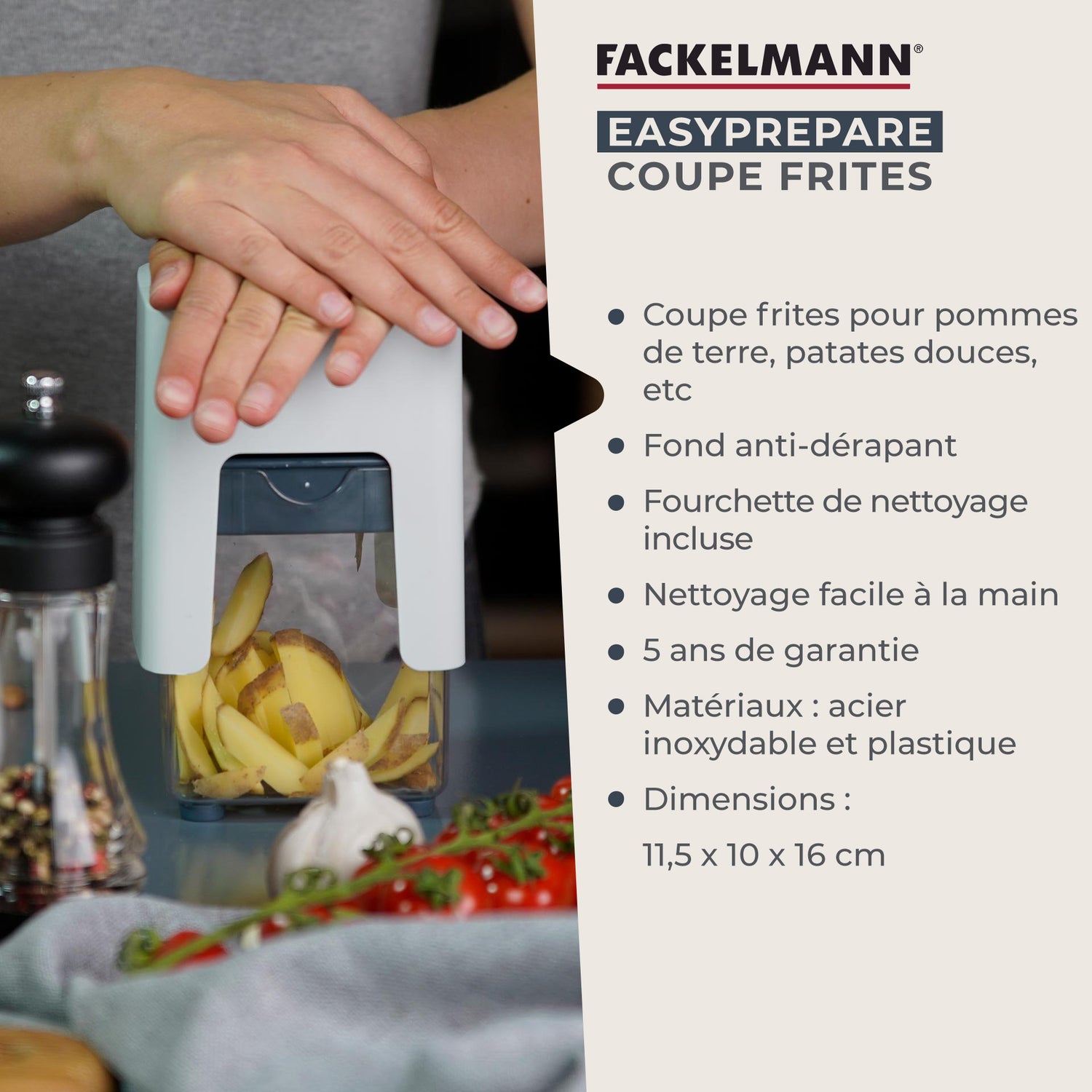 Coupe frites manuel avec récipient et brosse de nettoyage Fackelmann Easy Prepare