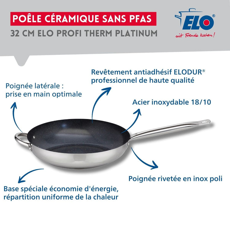 Set de 2 Poêles de cuisson avec revêtement céramique sans PFAS 24 cm et 32 cm Profi Therm Platinum Elo