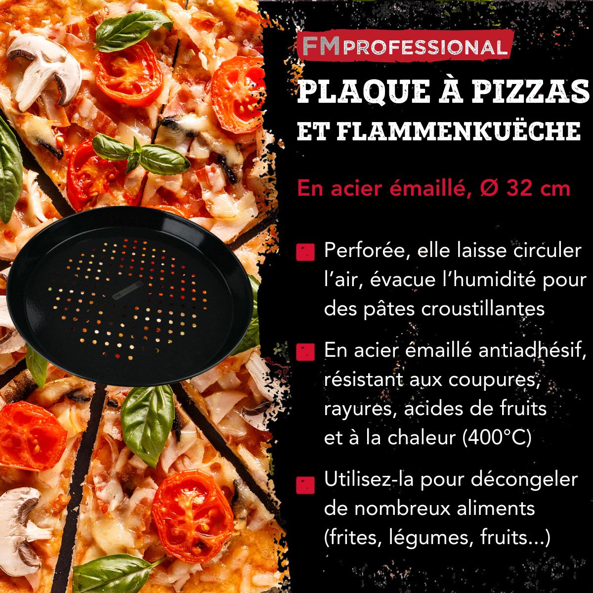 Plaque à pizza perforée ronde four et barbecue 32 cm FM Professional Barbecue