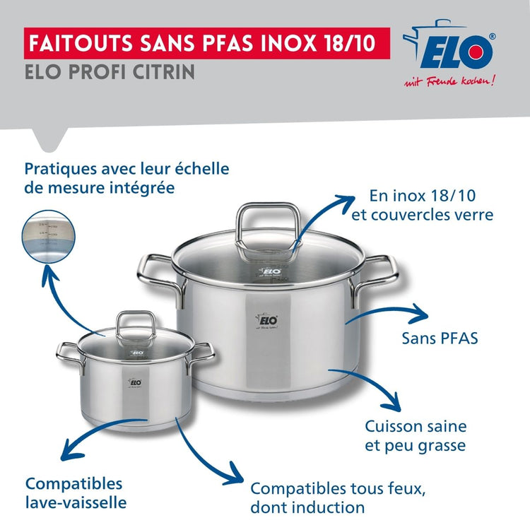 Set de 2 Poêles de cuisson 24 et 28 cm et 2 faitouts 12 et 20 cm Elo Profi Citrin