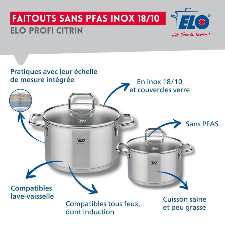 Set de 2 Poêles de cuisson 24 et 28 cm et 2 faitouts 14 et 20 cm Elo Profi Citrin