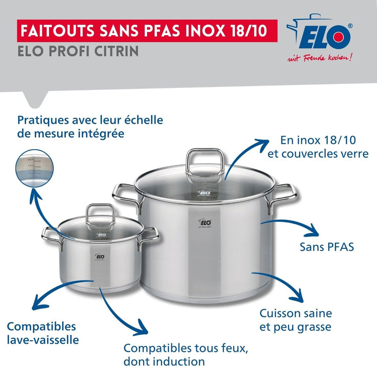 Set de 2 Poêles de cuisson 24 et 28 cm et 2 faitouts 16 et 26 cm Elo Profi Citrin