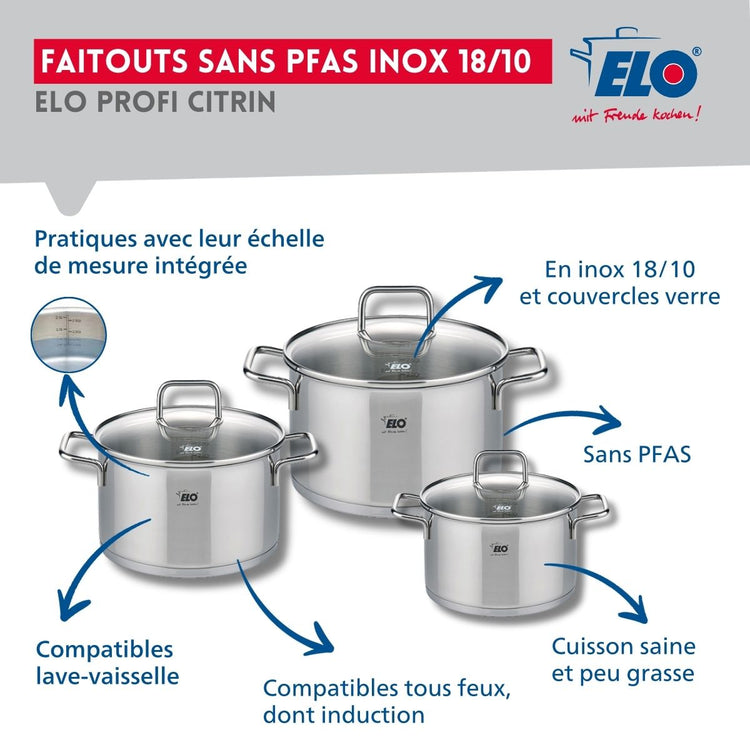 Set de 2 Poêles de cuisson 24 et 28 cm et 3 faitouts 12, 14 et 16 cm Elo Profi Citrin