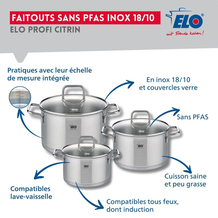 Ensemble de 2 Poêles de cuisson 24 et 28 cm et 3 faitouts 14, 16 et 20 cm Elo Profi Citrin