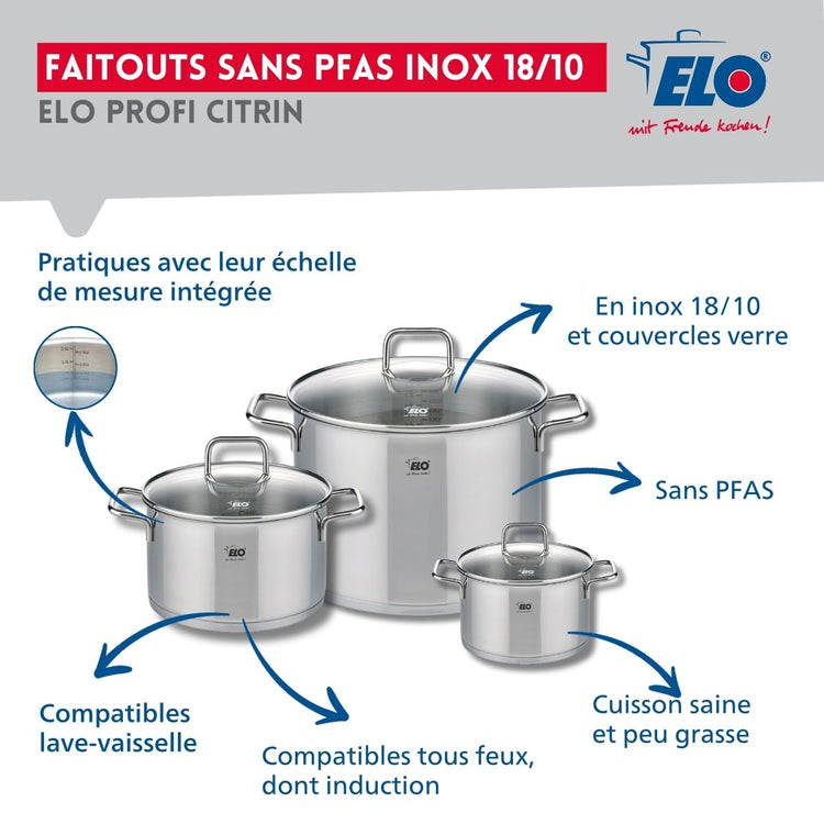 Ensemble de 2 Poêles de cuisson 24 et 28 cm et 3 faitouts 14, 20 et 26 cm Elo Profi Citrin