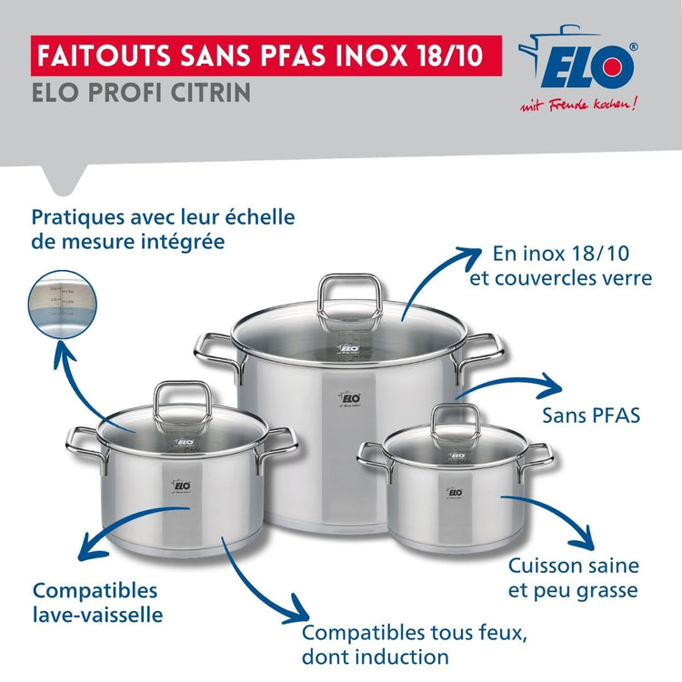 Ensemble de 2 Poêles de cuisson 24 et 28 cm et 3 faitouts 16, 20 et 26 cm Elo Profi Citrin