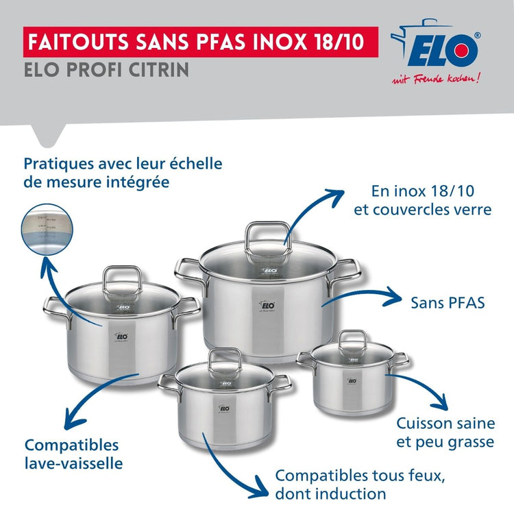 Ensemble de 2 Poêles de cuisson 24 et 28 cm et 4 faitouts 12, 14, 16 et 20 cm Elo Profi Citrin