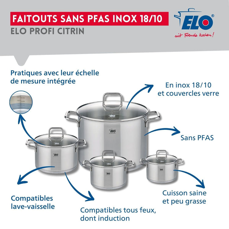 Ensemble de 2 Poêles de cuisson 24 et 28 cm et 4 faitouts 12, 14, 16 et 26 cm Elo Profi Citrin