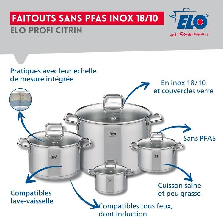 Ensemble de 2 Poêles de cuisson 24 et 28 cm et 4 faitouts 12, 14, 20 et 26 cm Elo Profi Citrin