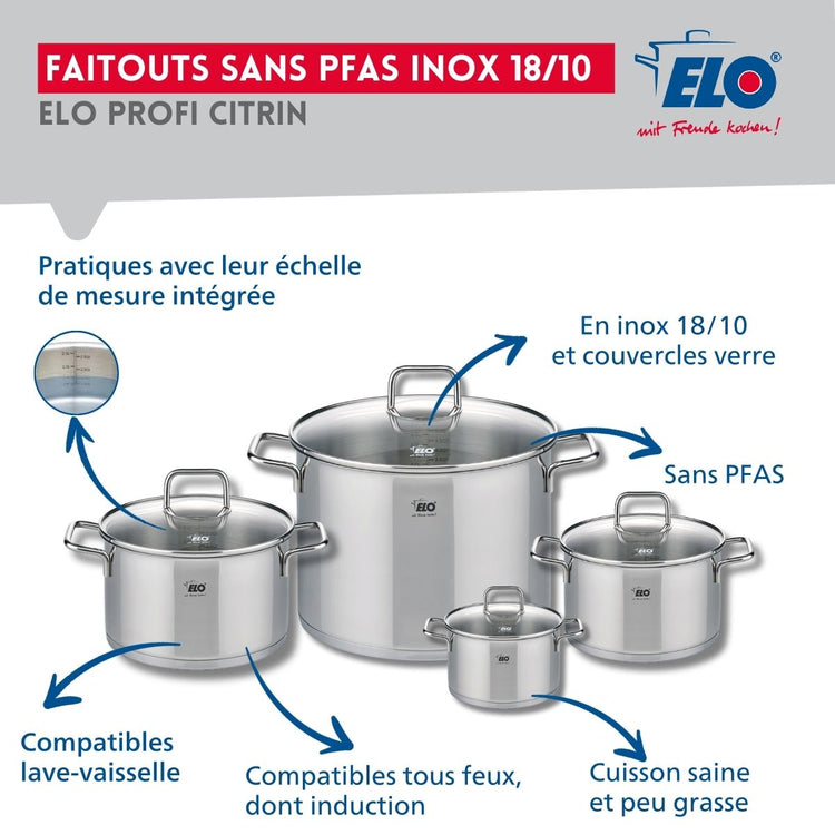 Ensemble de 2 Poêles de cuisson 24 et 28 cm et 4 faitouts 12, 16, 20 et 26 cm Elo Profi Citrin