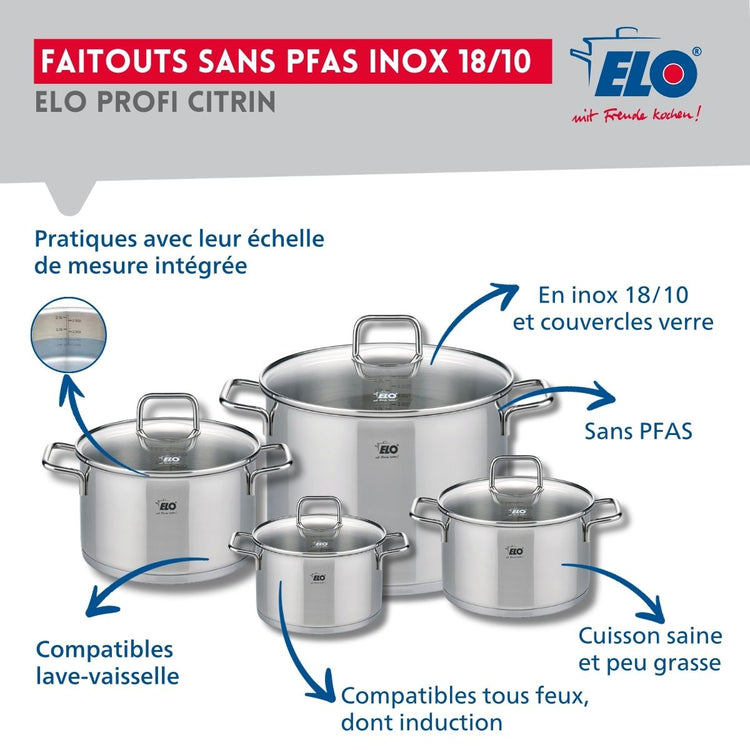 Ensemble de 2 Poêles de cuisson 24 et 28 cm et 4 faitouts 14, 16, 20 et 26 cm Elo Profi Citrin