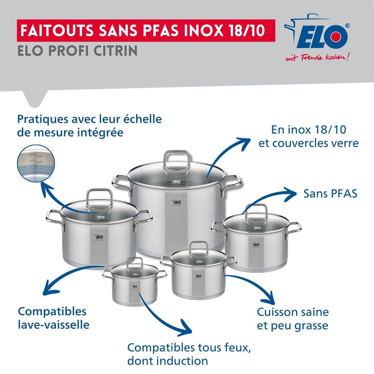 Ensemble de 2 Poêles de cuisson 24 et 28 cm et 5 faitouts 12, 14, 16, 20 et 26 cm Elo Profi Citrin