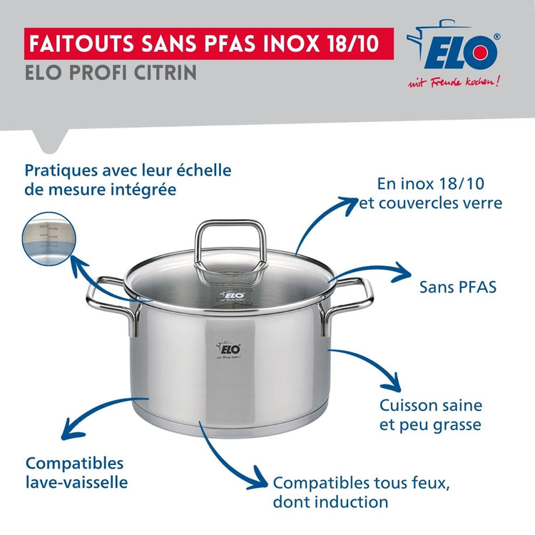 Ensemble de 2 Poêles de cuisson 24 et 32 cm et 1 faitout 14 cm Elo Profi Citrin