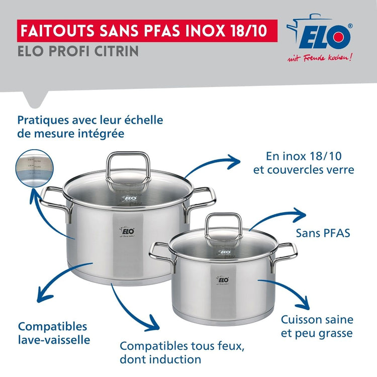 Ensemble de 2 Poêles de cuisson 24 et 32 cm et 2 faitouts 12 et 14 cm Elo Profi Citrin