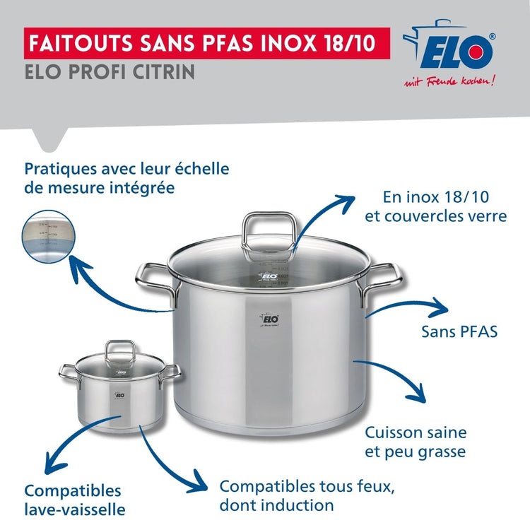 Ensemble de 2 Poêles de cuisson 24 et 32 cm et 2 faitouts 12 et 26 cm Elo Profi Citrin