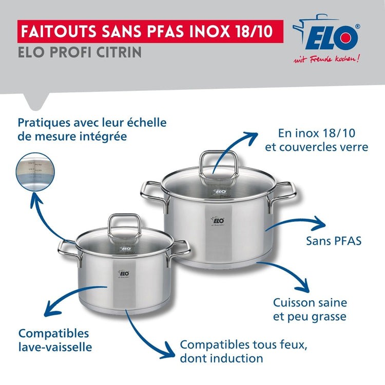 Ensemble de 2 Poêles de cuisson 24 et 32 cm et 2 faitouts 14 et 16 cm Elo Profi Citrin