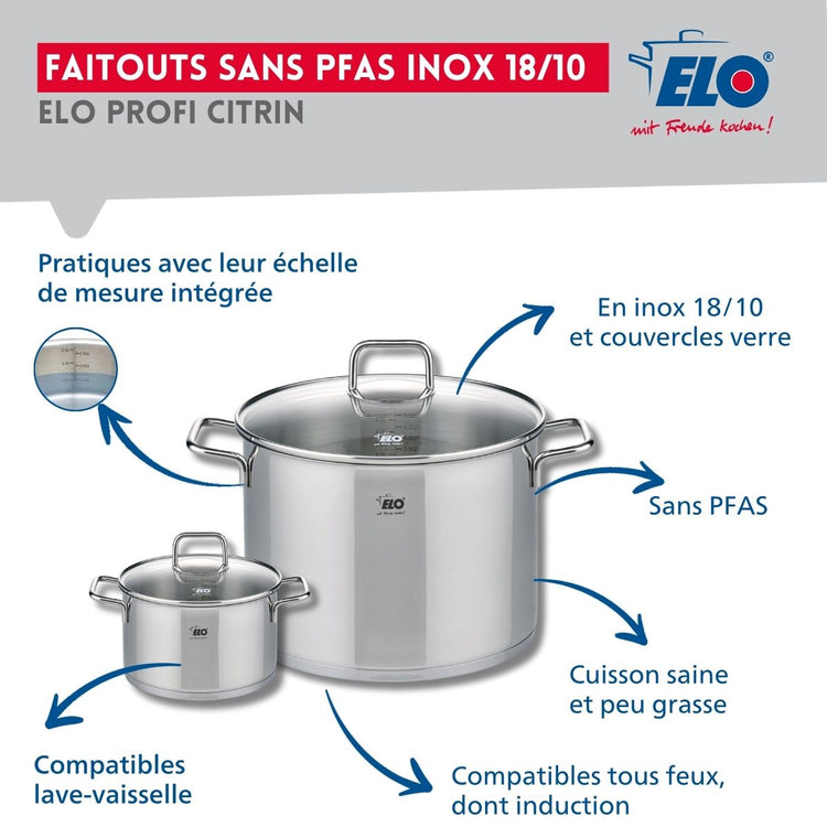 Ensemble de 2 Poêles de cuisson 24 et 32 cm et 2 faitouts 14 et 26 cm Elo Profi Citrin