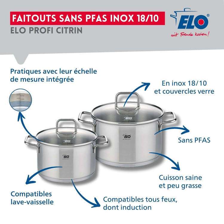 Ensemble de 2 Poêles de cuisson 24 et 32 cm et 2 faitouts 16 et 20 cm Elo Profi Citrin