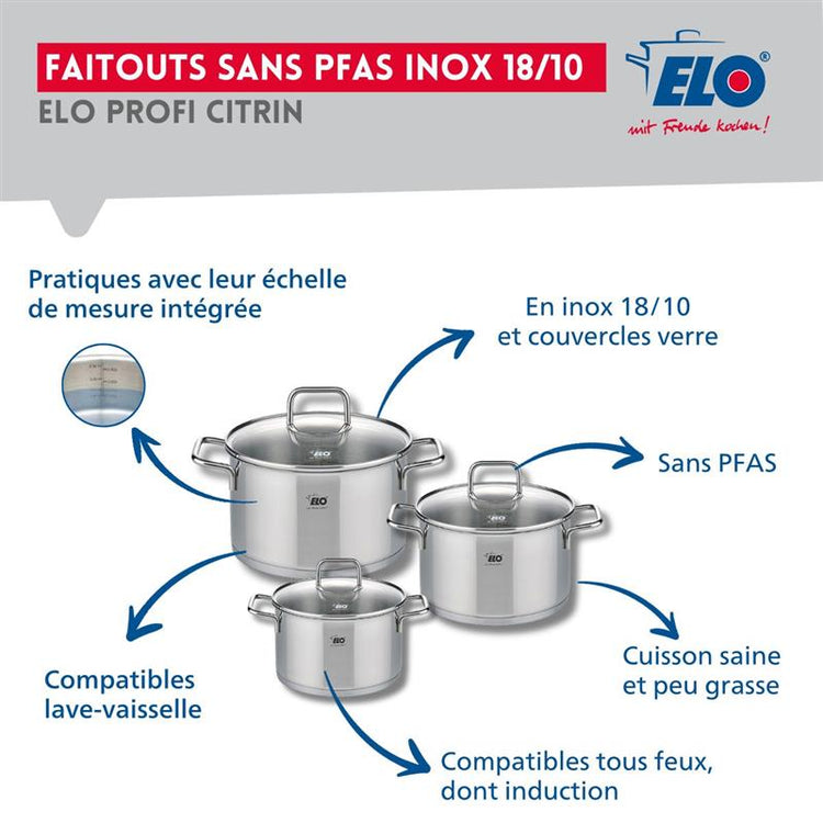 Ensemble de 2 Poêles de cuisson 24 et 32 cm et 3 faitouts 12, 14 et 20 cm Elo Profi Citrin