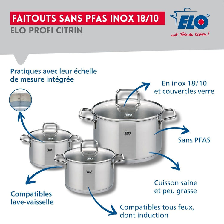 Ensemble de 2 Poêles de cuisson 24 et 32 cm et 3 faitouts 12, 16 et 20 cm Elo Profi Citrin