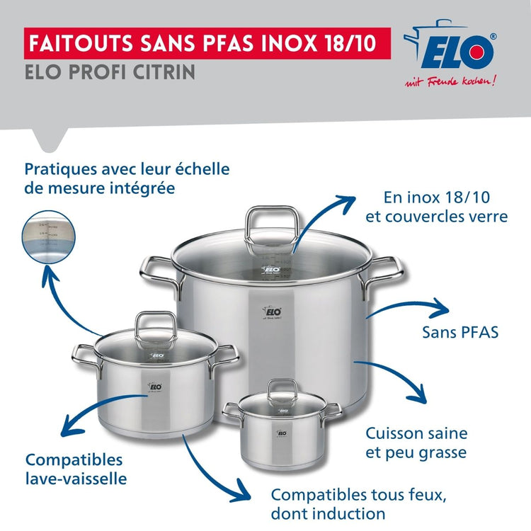 Ensemble de 2 Poêles de cuisson 28 et 32 cm et 3 faitouts 12, 16 et 26 cm Elo Profi Citrin