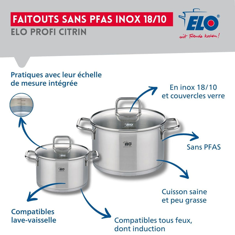 Ensemble de 3 Poêles de cuisson 24, 28 et 32 cm et 2 faitouts 12 et 16 cm Elo Profi Citrin