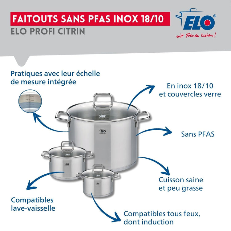 Ensemble de 3 Poêles de cuisson 24, 28 et 32 cm et 3 faitouts 12, 14 et 26 cm Elo Profi Citrin