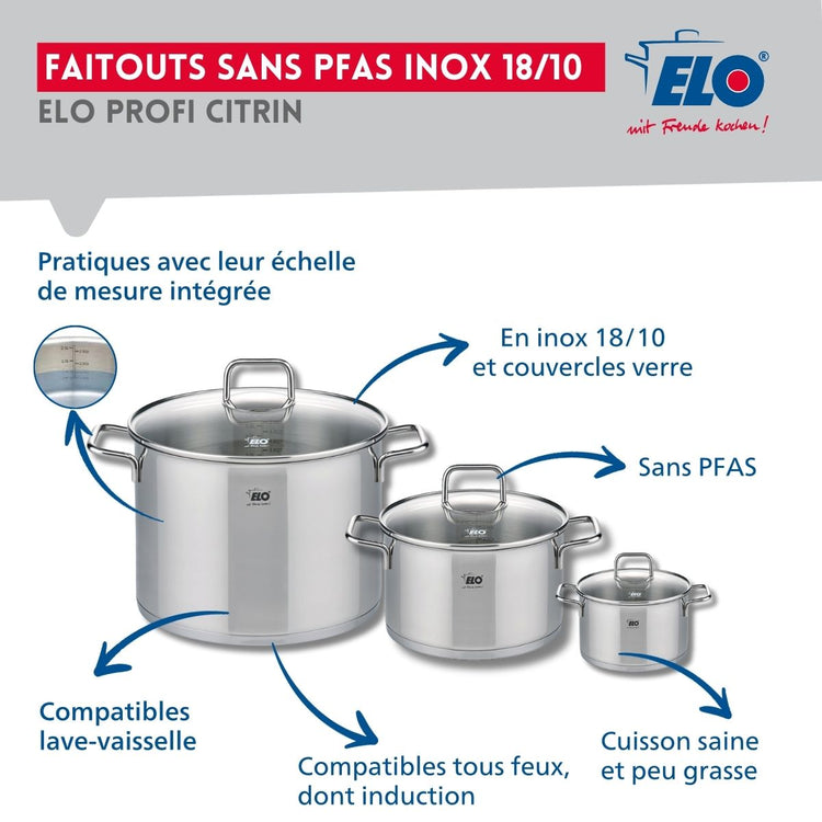 Ensemble de 3 Poêles de cuisson 24, 28 et 32 cm et 3 faitouts 12, 20 et 26 cm Elo Profi Citrin