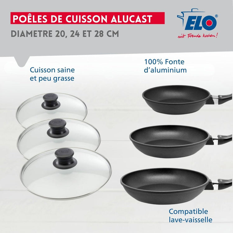 Ensemble de 3 poêles à frire et 3 couvercles en verre 20 cm 24 cm et 28 cm Elo Alucast