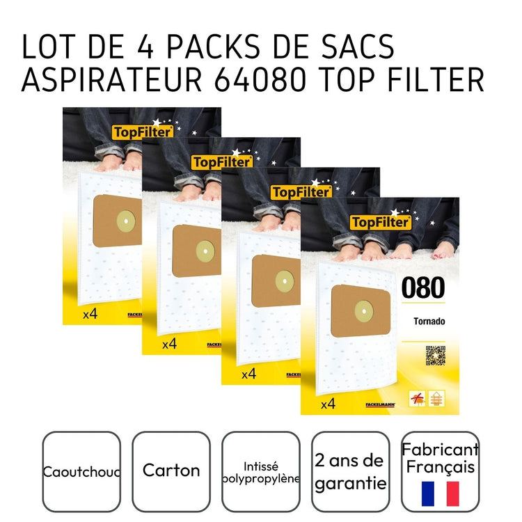 Lot de 4 packs de 4 sacs aspirateur 64080 Tornado TopFilter Premium