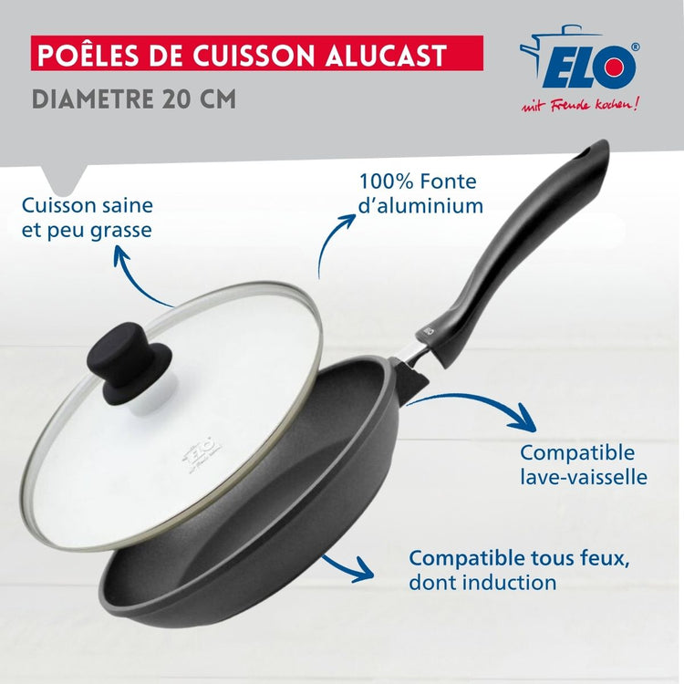 Poêle à frire en aluminium et couvercle en verre 20 cm Elo Alucast