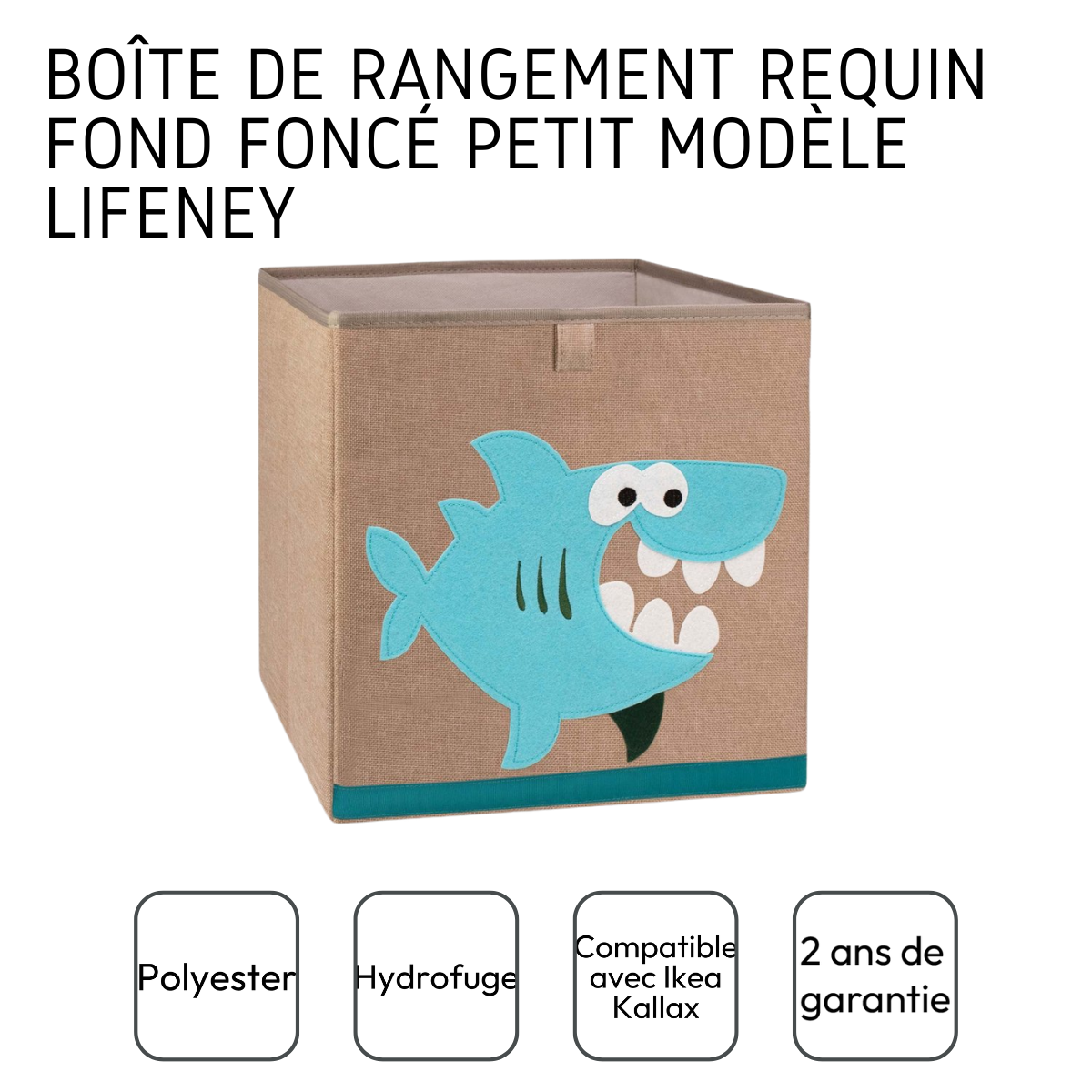 Boîte de rangement "requin" sur fond foncé, compatible avec l'étagère IKEA KALLAX Lifeney