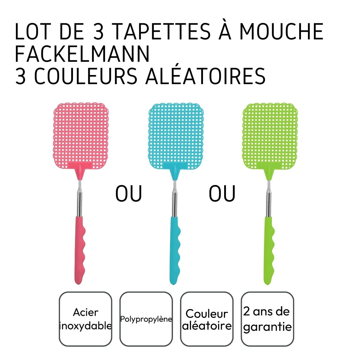 Lot de 3 tapettes à mouche avec manche télescopique Fackelmann Tecno