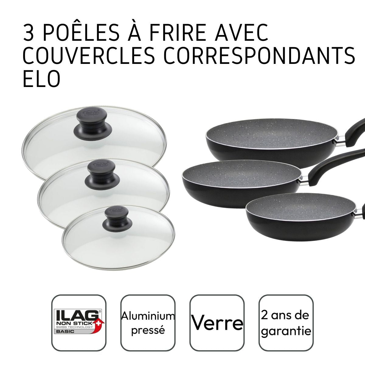 Ensemble de 3 poêles de cuisine et 3 couvercles 24 cm 28 cm et 32 cm Elo Dolomit