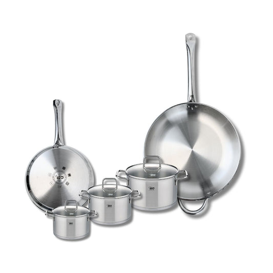 Ensemble de 2 Poêles de cuisson 24 et 32 cm et 3 faitouts 12, 14 et 16 cm Elo Profi Citrin