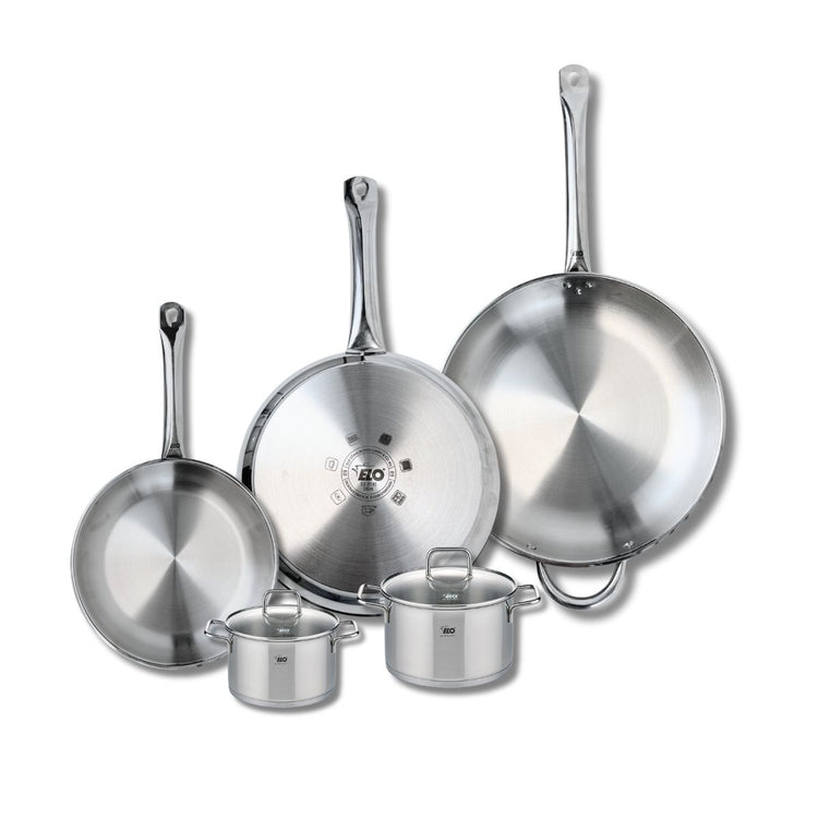 Ensemble de 3 Poêles de cuisson 24, 28 et 32 cm et 2 faitouts 12 et 14 cm Elo Profi Citrin